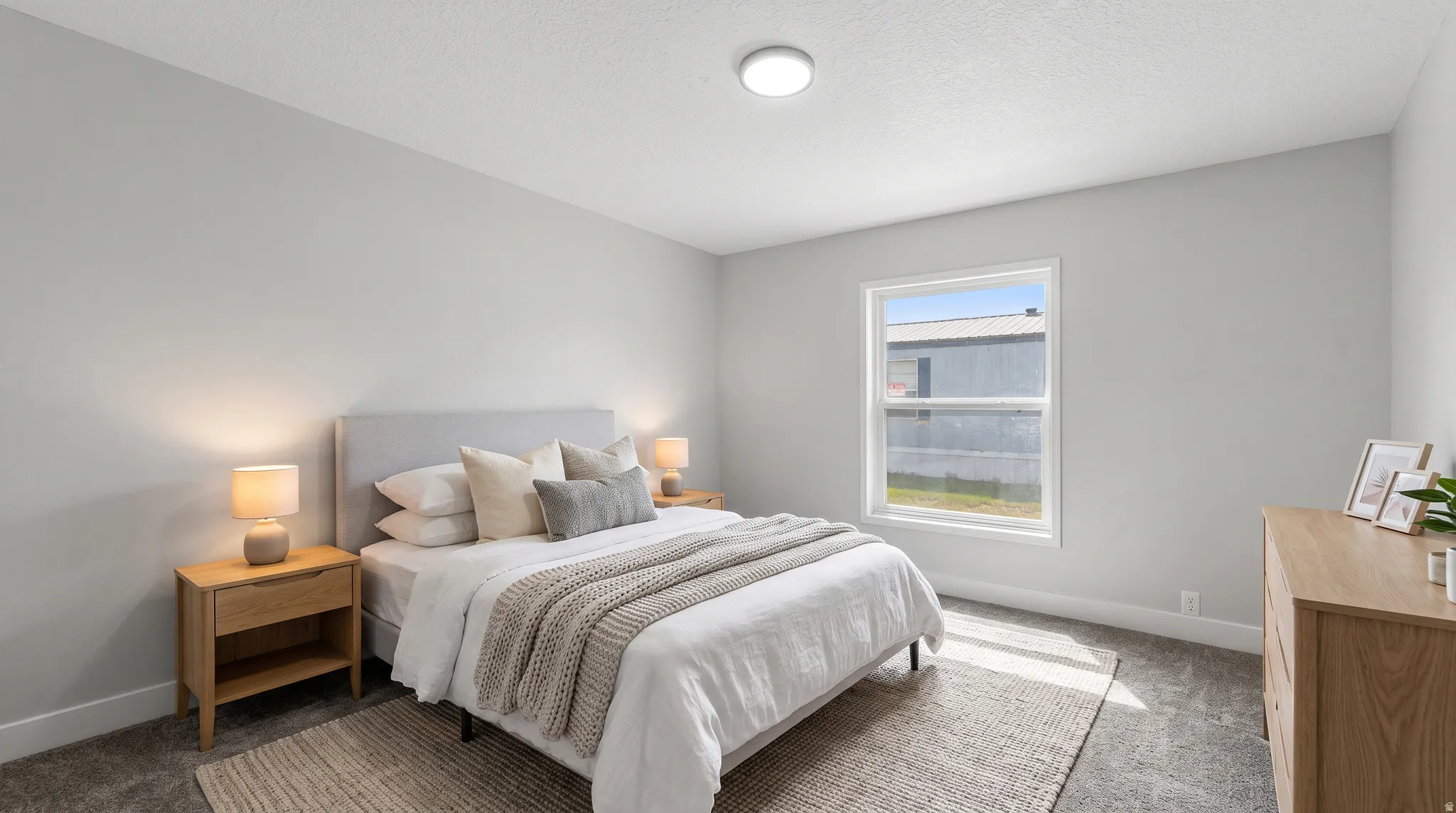 Bedroom featuring neutral wall colors, carpet flooring, a single window with white trim, and a flush-mount ceiling light fixture
