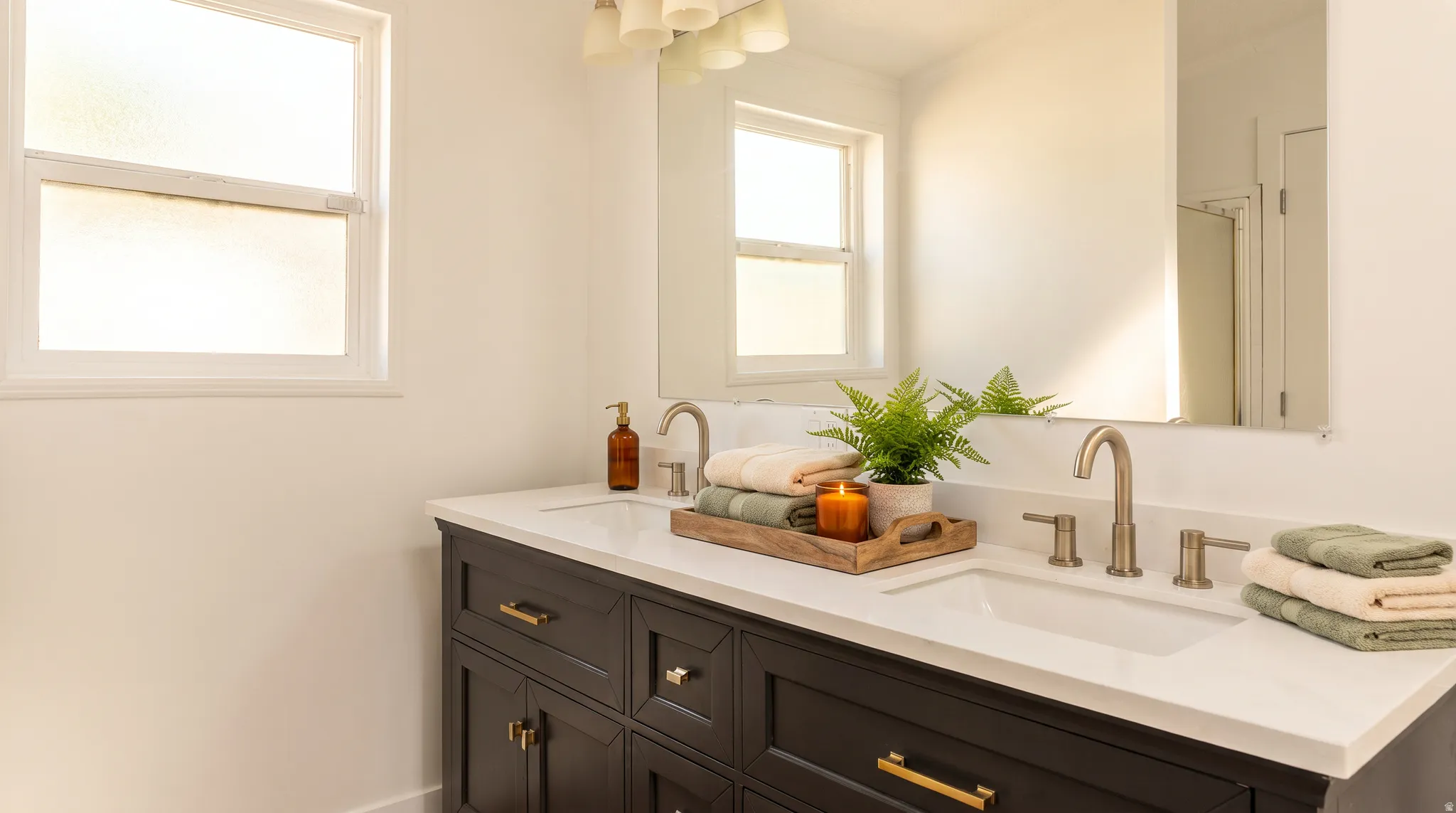 Dual vanity with a white countertop and dark cabinetry