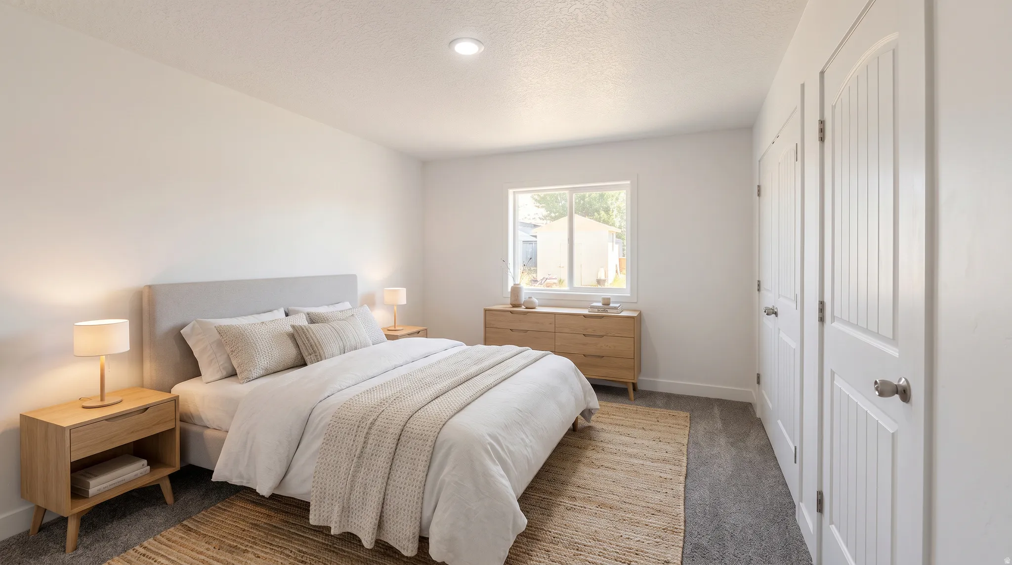 Bright room with soft gray carpet, recessed ceiling lighting, and a window providing natural illumination