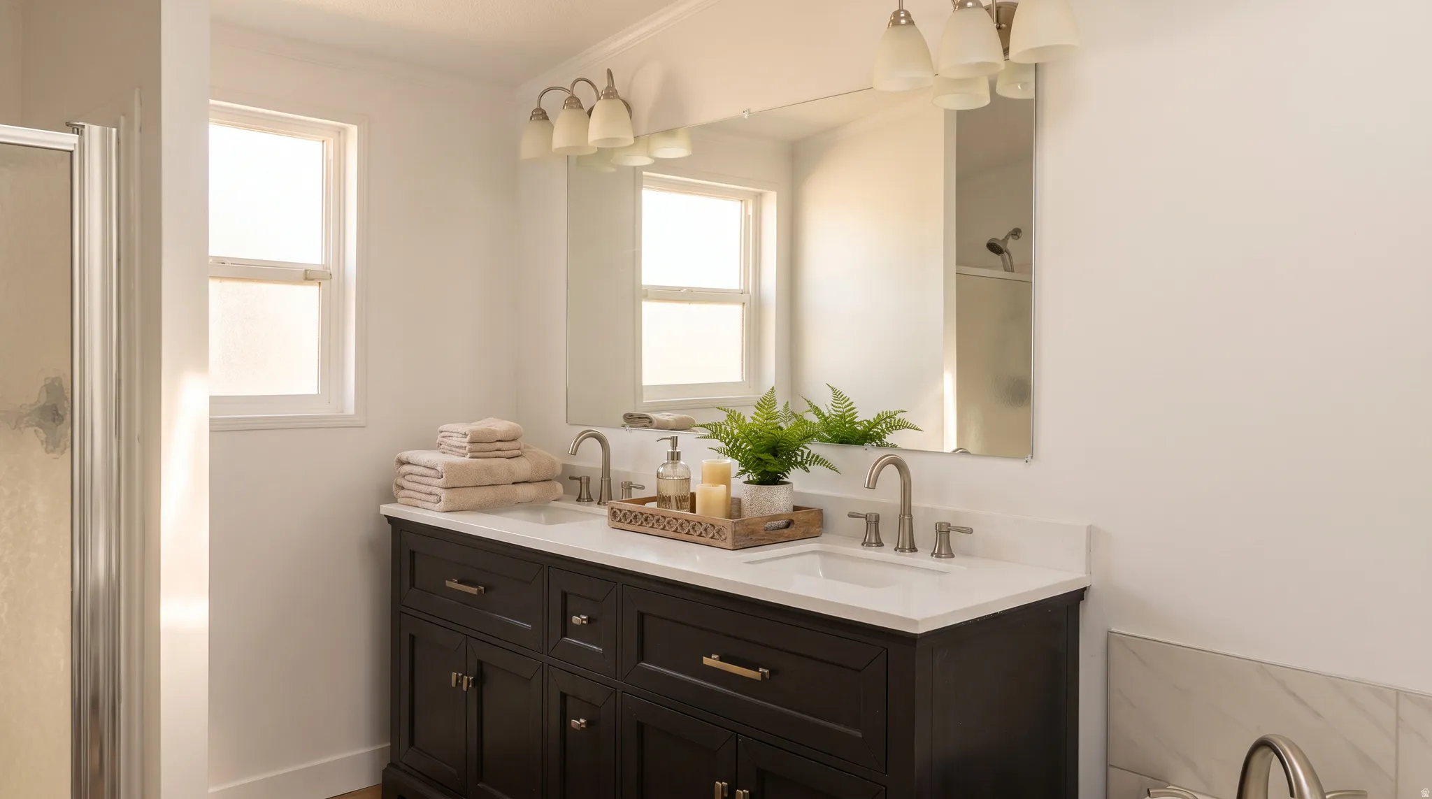 Double vanity featuring dark wood cabinetry, white countertop, dual undermount sinks, and brushed nickel fixtures