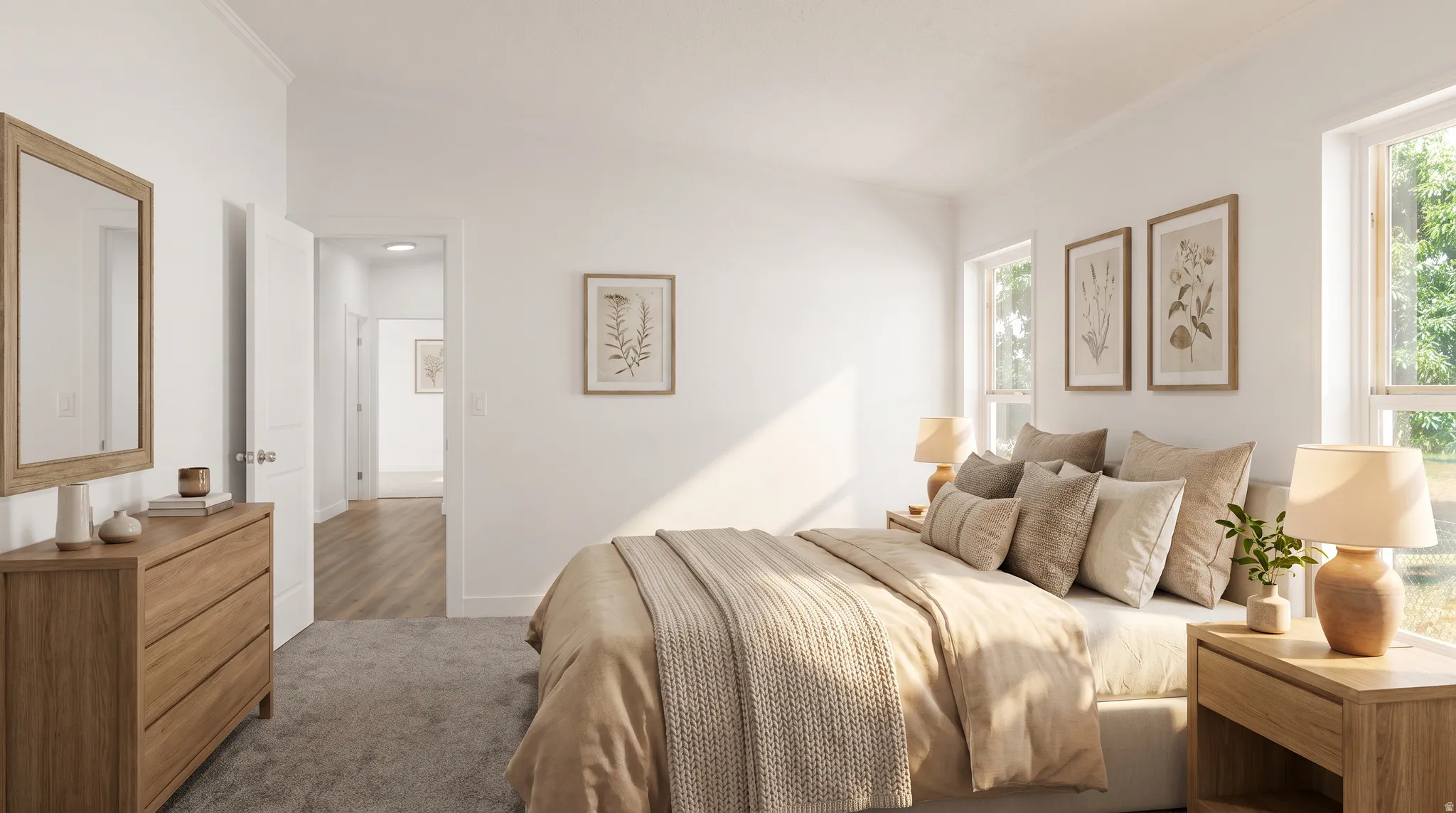 Bedroom featuring multiple windows, carpet flooring, and a flat white ceiling