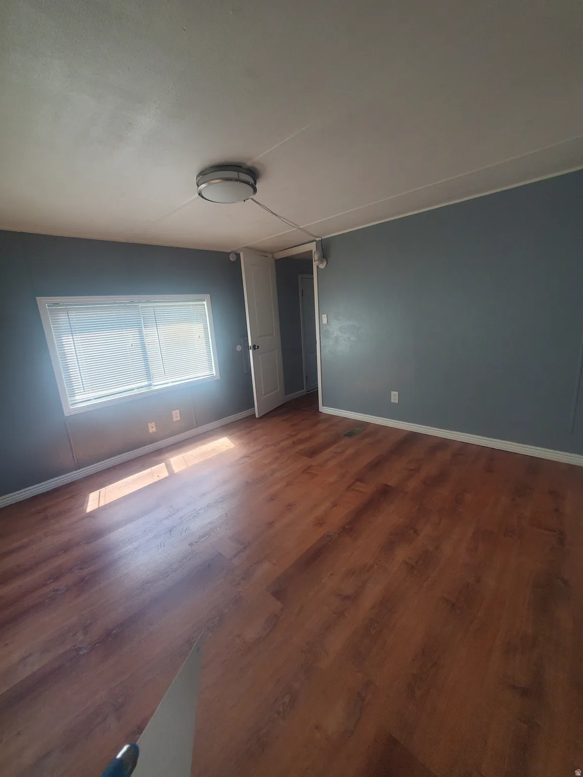 Interior room featuring wood-finish flooring, white baseboards, and blue-gray walls