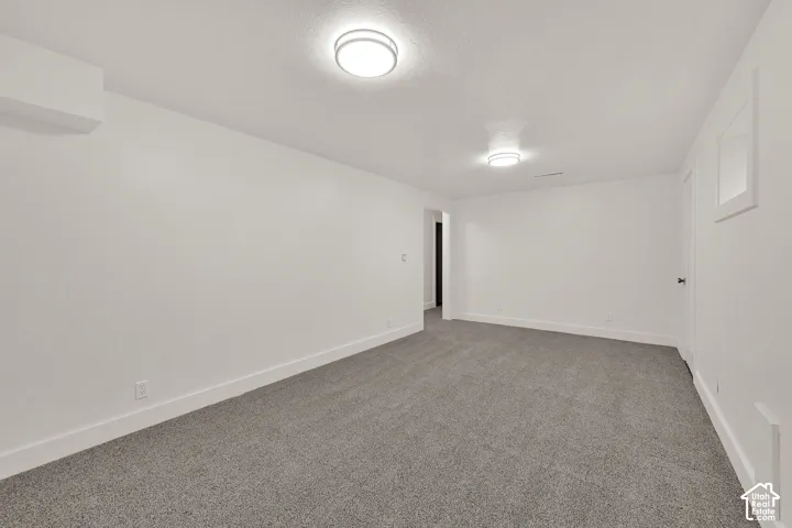 Spacious room featuring neutral carpeting, white walls, flush-mount ceiling lighting, and white baseboards
