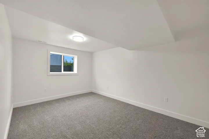 Room featuring light gray carpet, white walls, a single window, and a flush-mount ceiling light