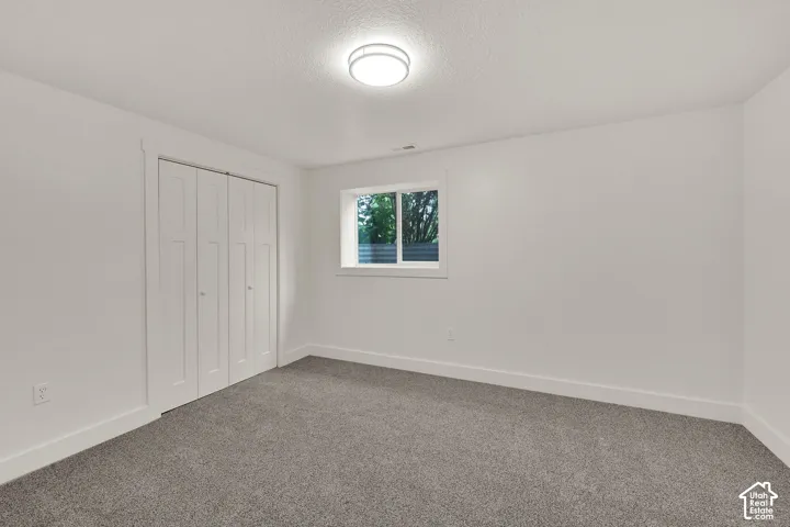 Room featuring grey textured carpeting, white walls, and a multi-pane window