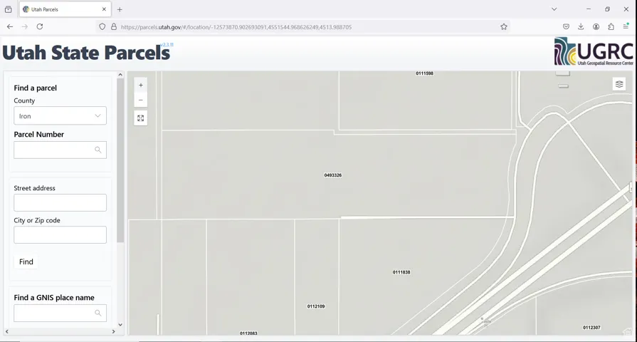 Utah State Parcels interface. Displaying an interactive map for parcel identification and search functionalities