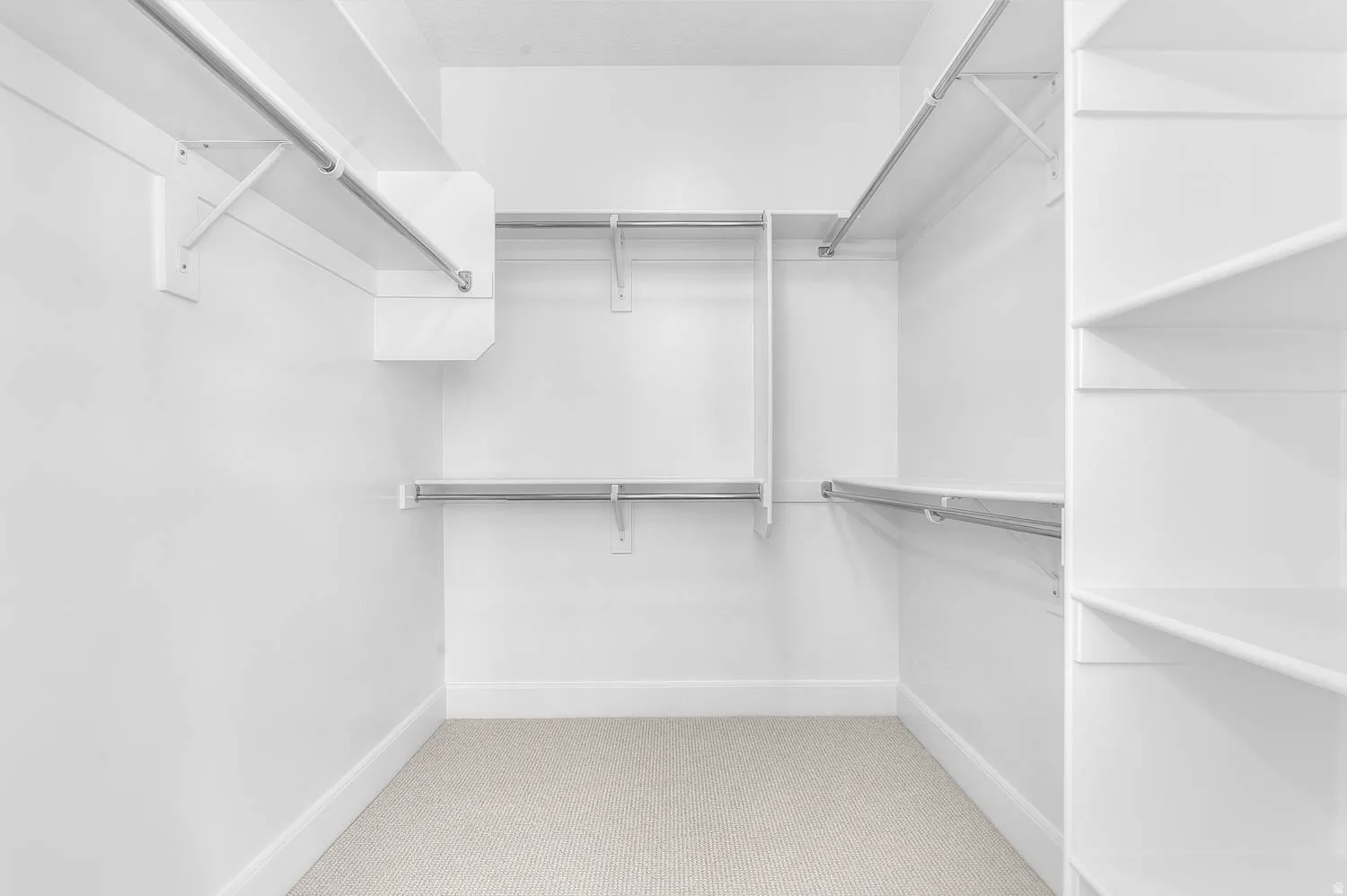 Walk-in closet featuring white painted walls and trim, light-colored carpet flooring, multiple shelving units, and chrome hanging rods