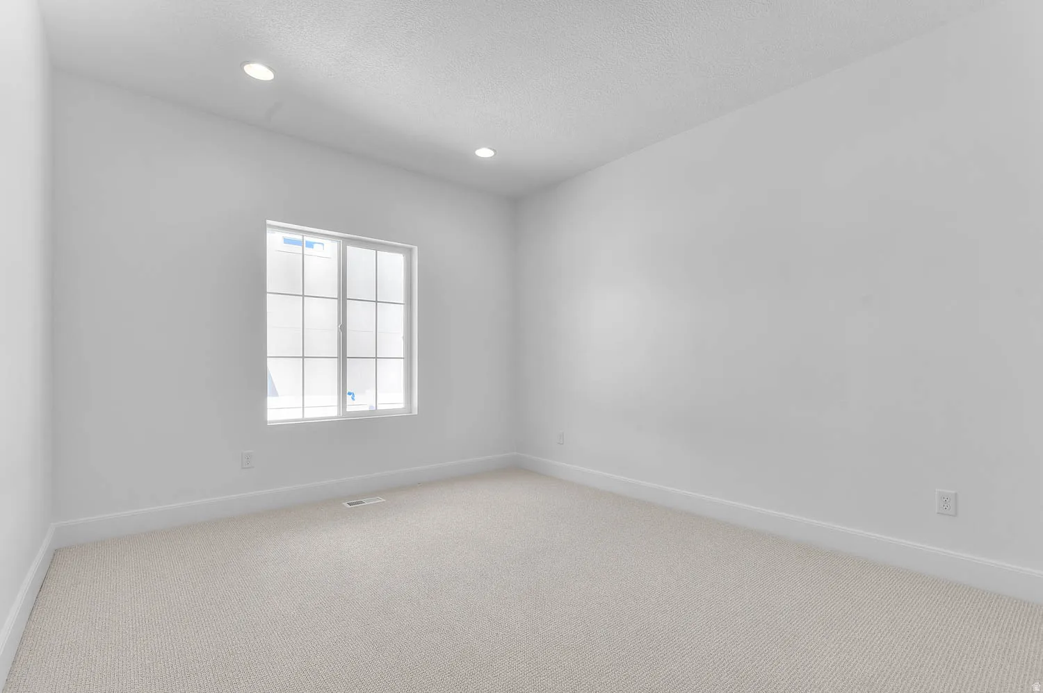 Bright room featuring a grid-patterned window, recessed lighting, neutral carpet, and white baseboards