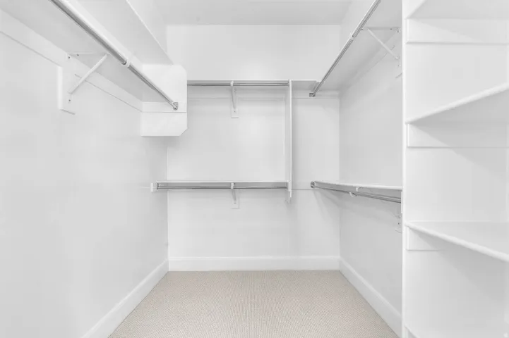 Walk-in closet featuring white painted walls and trim, light-colored carpet flooring, multiple shelving units, and chrome hanging rods