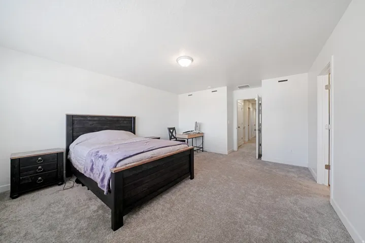 Spacious carpeted room featuring a ceiling-mounted light fixture and white walls