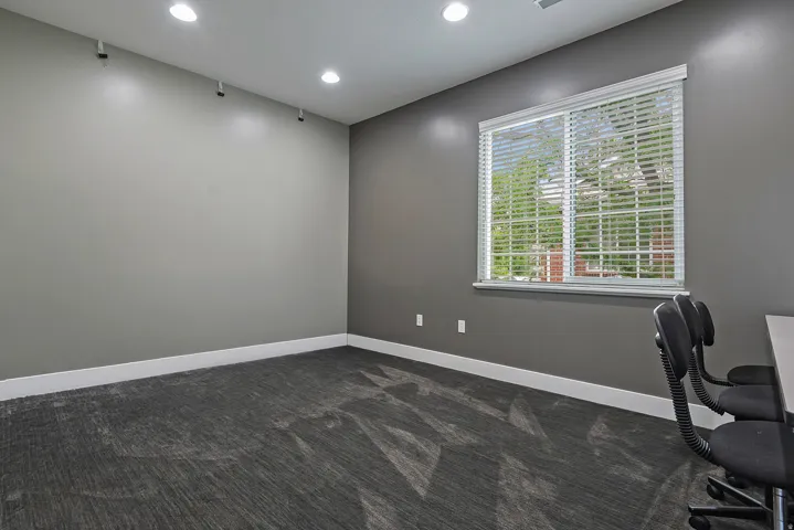 Room with gray walls and patterned carpet flooring