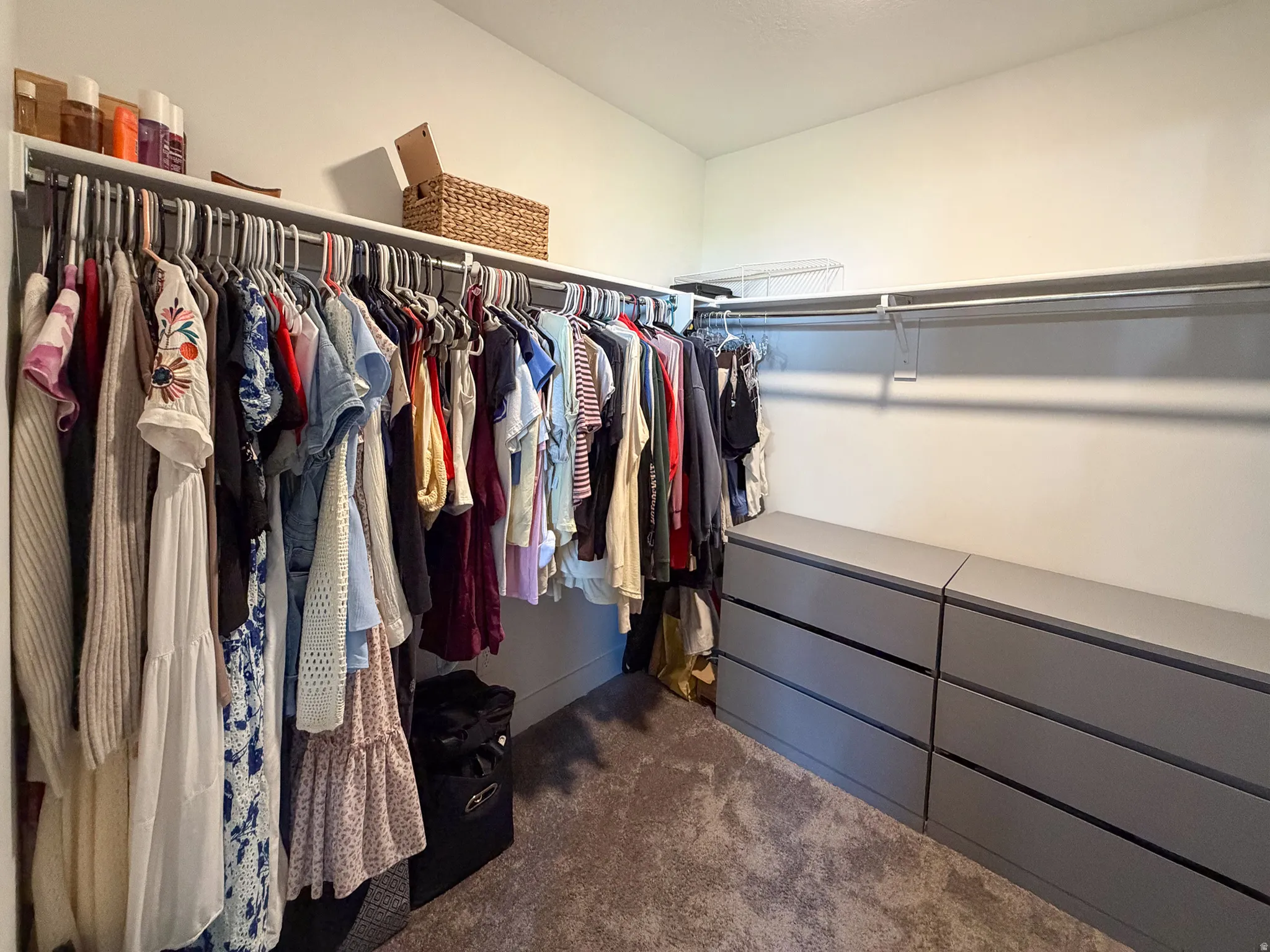 Spacious walk-in closet featuring extensive built-in shelving, hanging rods, and two modular chest of drawers