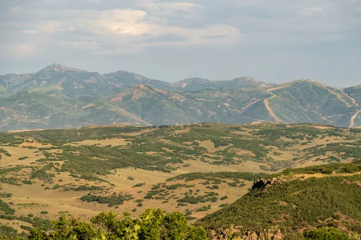 Expansive mountain landscape featuring varied terrain, distant peaks, and scattered evergreen vegetation