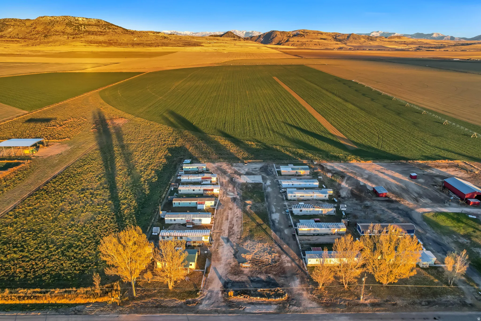 Aerial perspective showcasing multiple mobile home units arranged in rows
