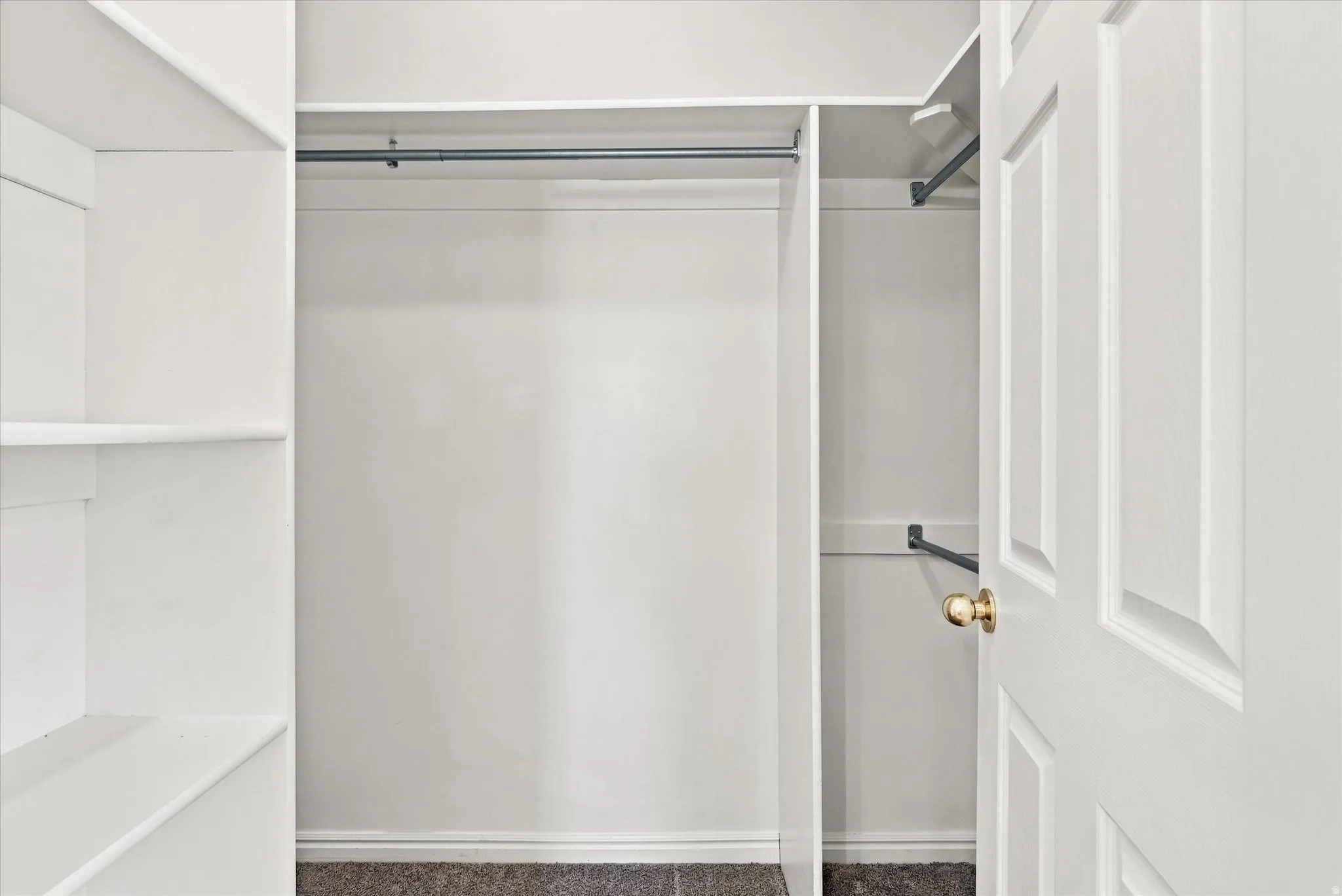 Built-in shelving, multiple hanging rods, paneled door, and brass-finish hardware