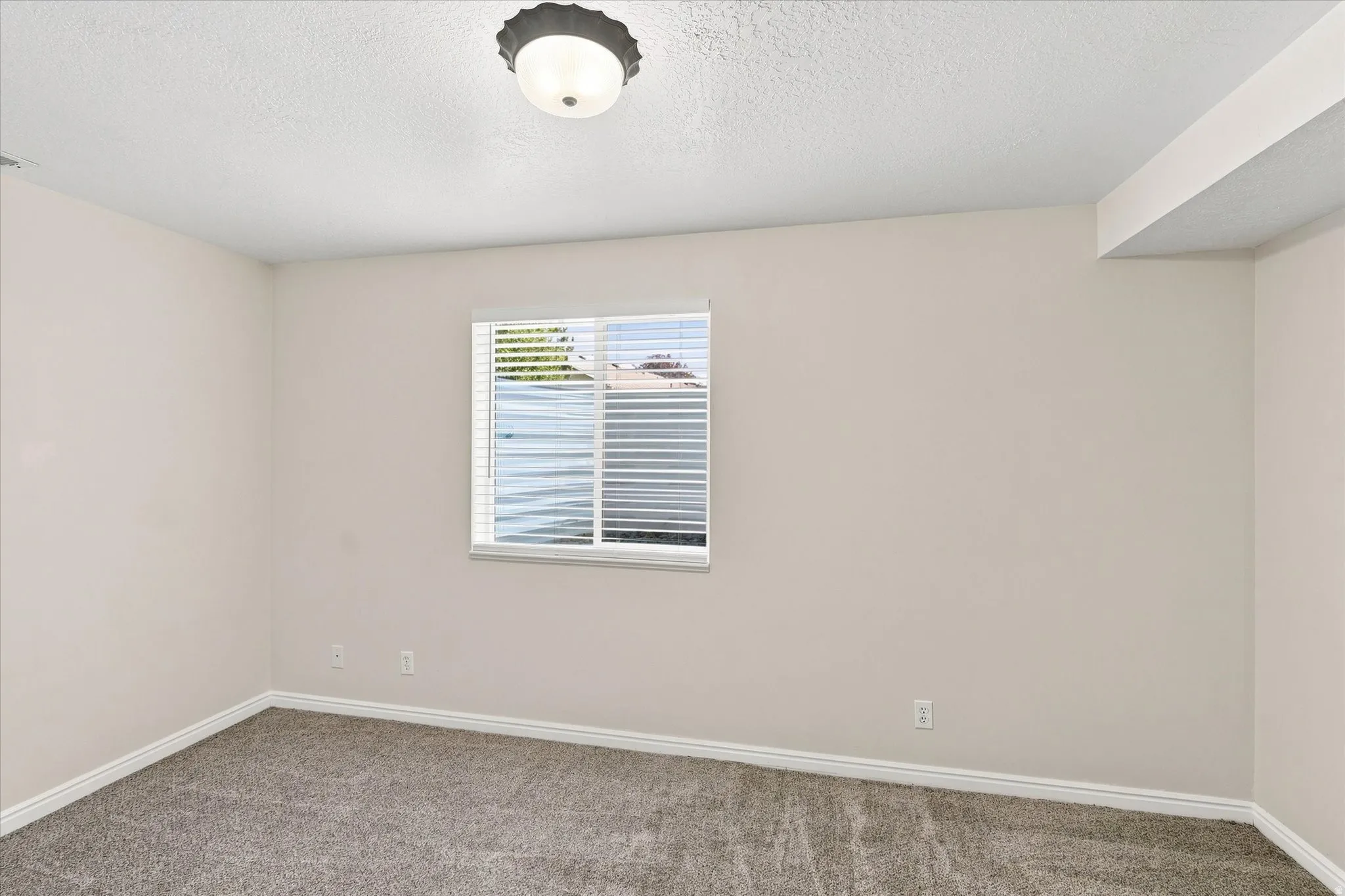 Neutral wall paint, textured ceiling, gray carpet, white trim, and a window with blinds