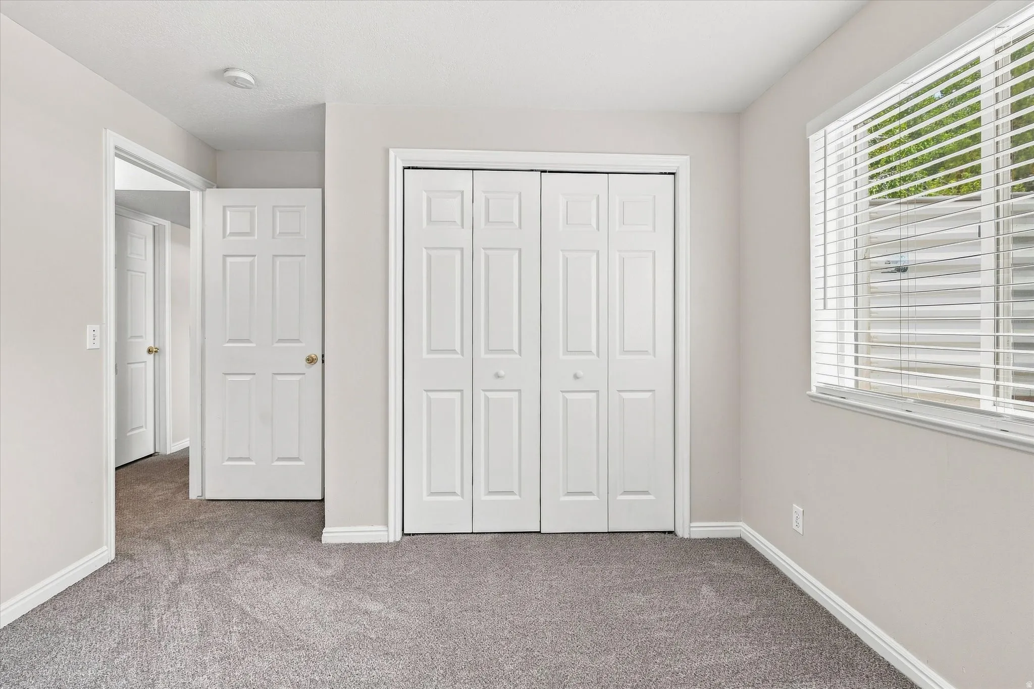 Carpeted room featuring a white bi-fold closet, white window blinds, and white trim
