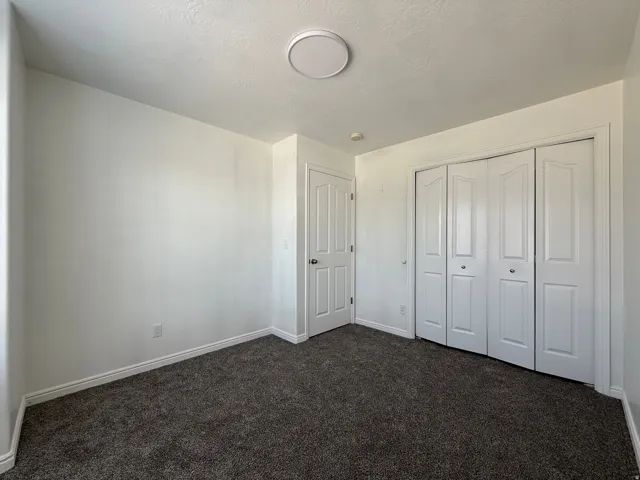 Room featuring neutral wall tones, dark textured carpet, and white baseboards