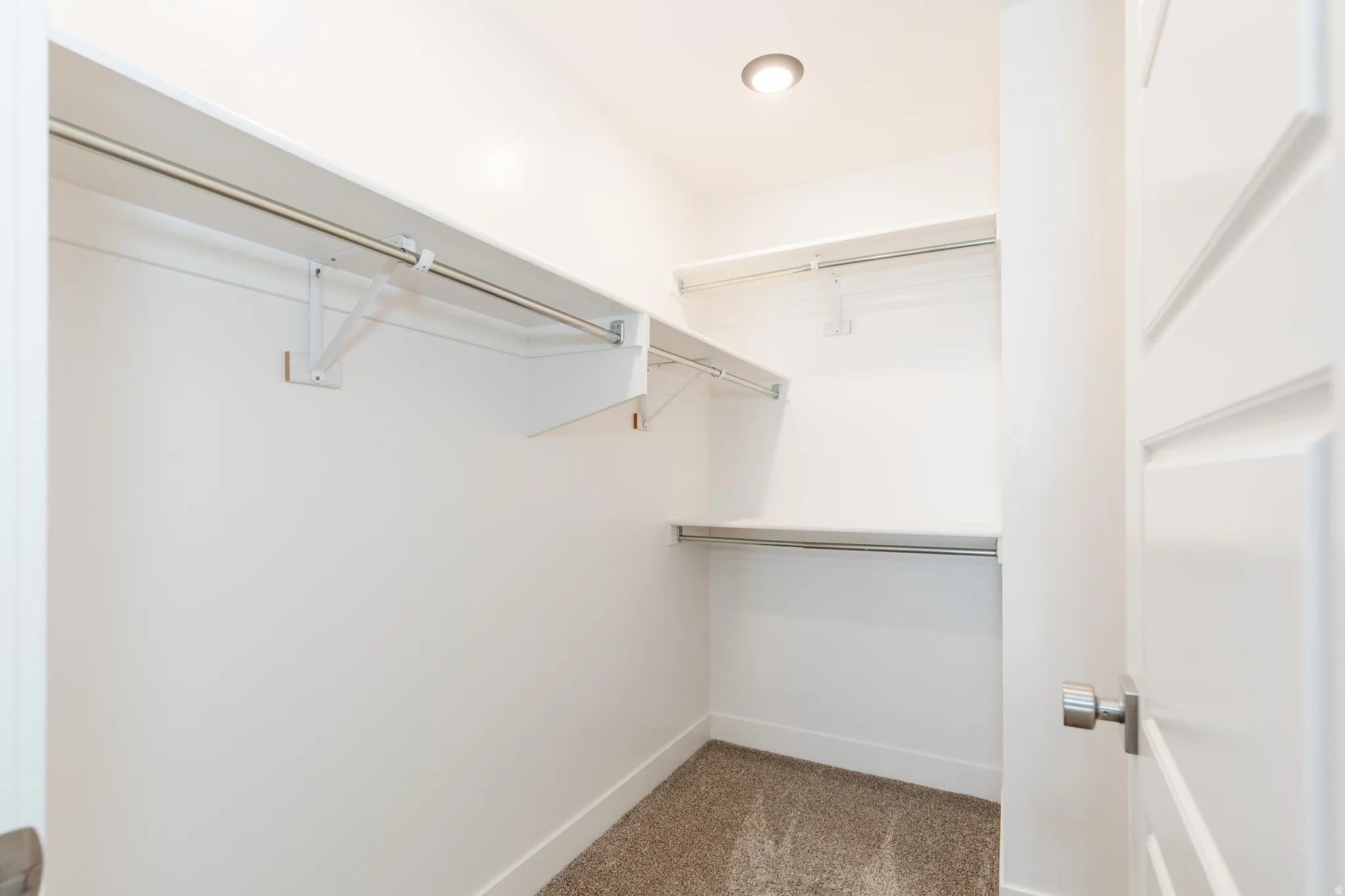 Walk-in closet featuring white shelving, chrome hanging rods, recessed ceiling lighting, and carpet flooring