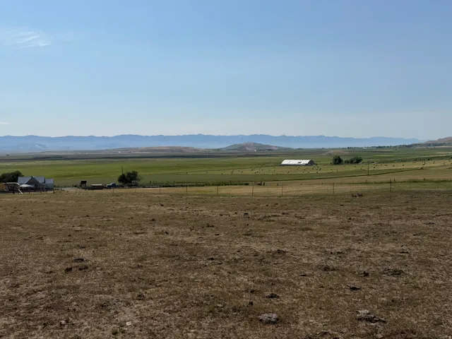 Expansive rural landscape featuring distant mountains and agricultural fields