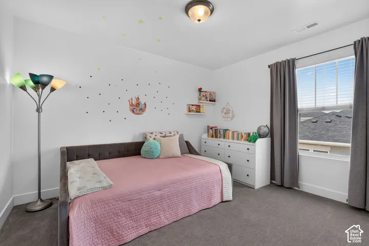 Bright room featuring a large window with blinds and gray curtains, a flush-mount ceiling light fixture, and gray carpet flooring