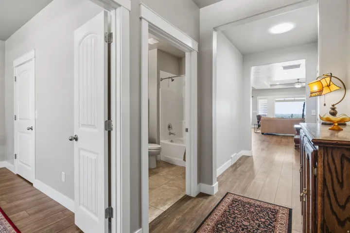 Front Door Entry into home, Wood-finish flooring and light gray walls