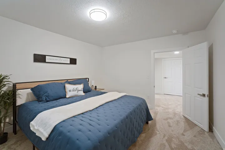 Carpeted bedroom featuring white walls, a flush-mount ceiling light, and a doorway leading to an additional space with bifold doors