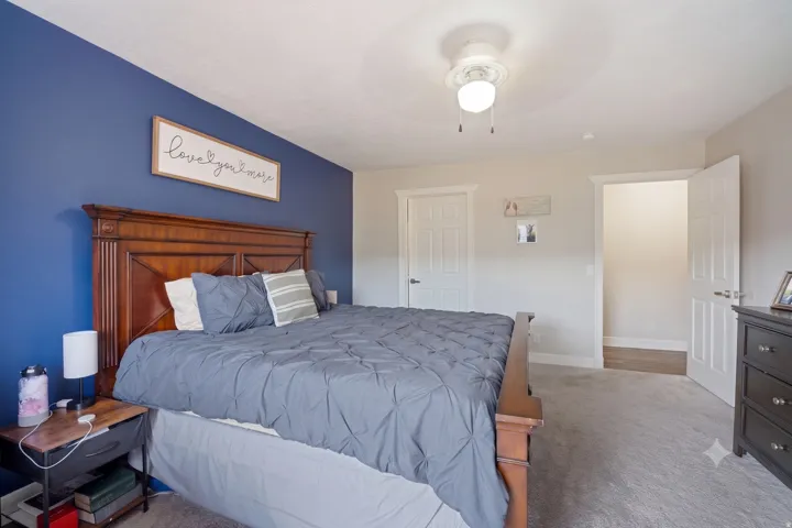 Spacious room featuring a ceiling fan, carpeted flooring, and a solid core door