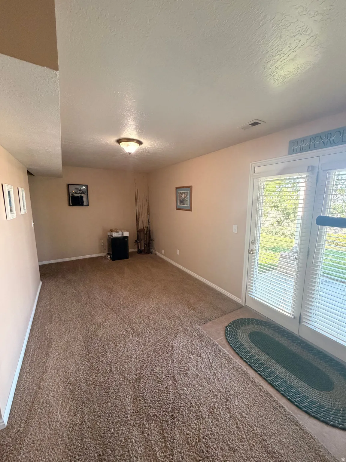 Carpeted room with a light-colored wall finish and ceiling-mounted flush light fixture