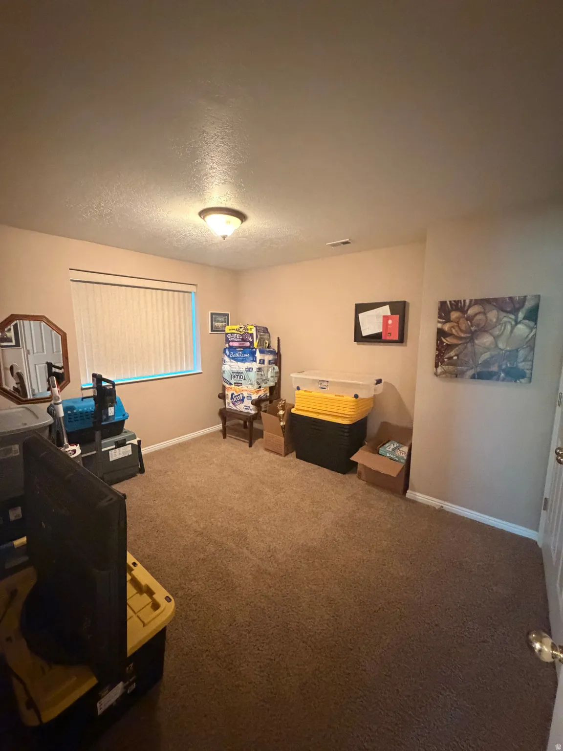 Carpeted room featuring a window with horizontal blinds, a ceiling-mounted light fixture, and neutral-toned walls