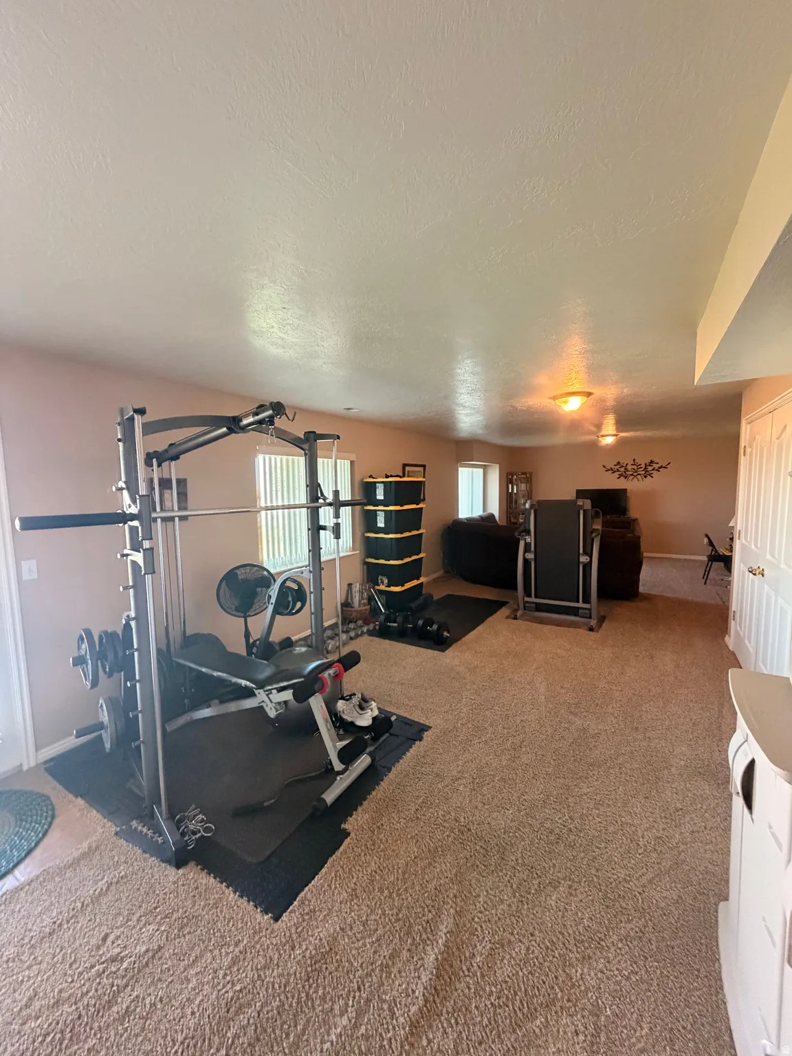 Spacious room featuring neutral carpeting, a textured ceiling, and recessed lighting
