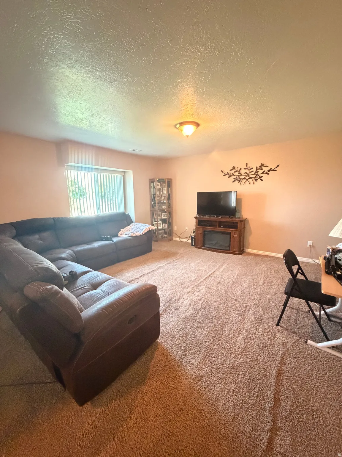 Spacious living area featuring neutral-toned carpet flooring and a built-in electric fireplace with wood-finish surround