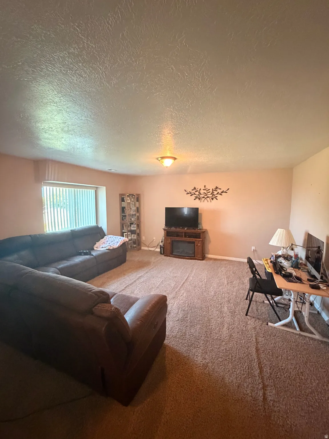 Spacious living area featuring neutral-toned carpeting, light-colored walls, and a large window with vertical blinds