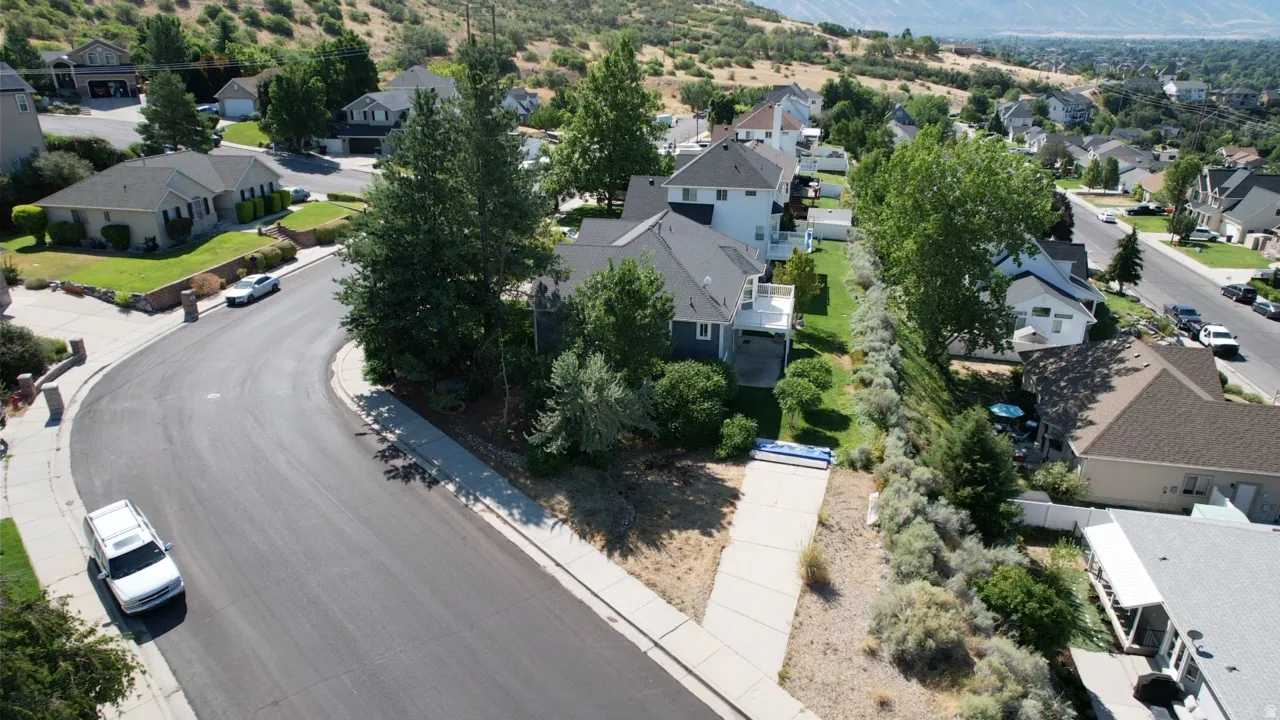 Residential street featuring a curved asphalt road, concrete sidewalks, and established landscaping