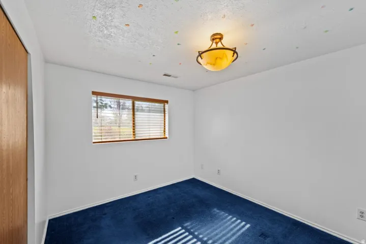 Bright secondary bedroom featuring pristine white walls, abundant natural light from a horizontal window with wood-trim framing, navy blue carpeting, and a brass-finished ceiling fixture