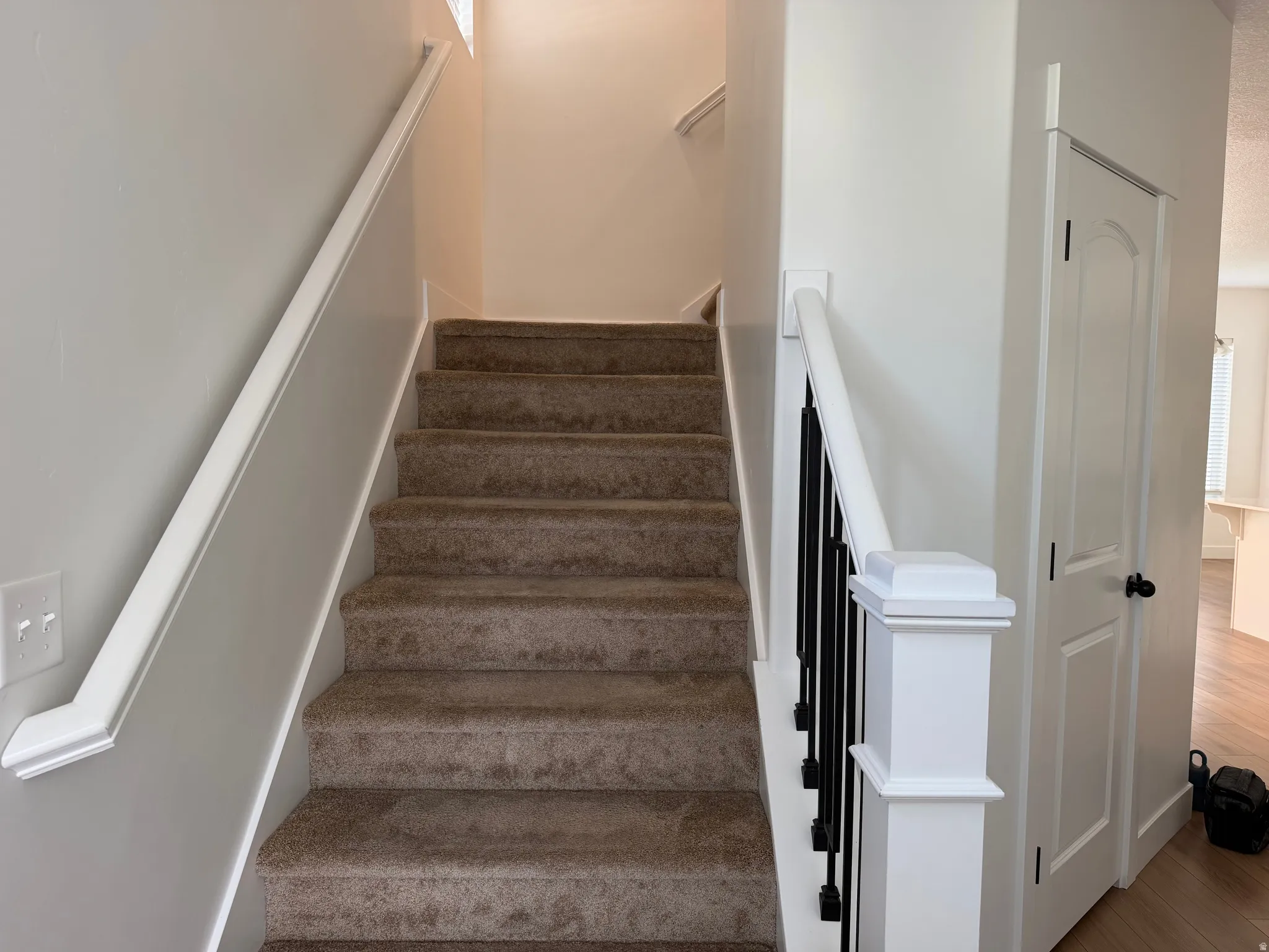 Carpeted staircase featuring white handrails and a black wrought iron baluster system