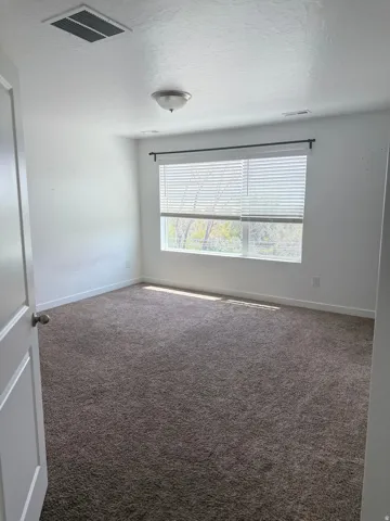 Spacious room featuring plush brown carpeting, a large window with horizontal blinds, a ceiling-mounted light fixture, and white painted walls