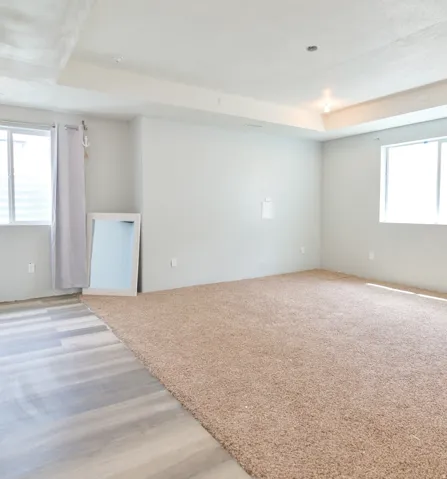 Spacious room featuring a tray ceiling with recessed lighting, dual windows, light gray wall paint, and a combination of carpet and wood-finish flooring
