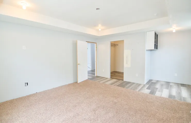 Spacious room featuring a combination of light-toned carpet and wood-finish flooring