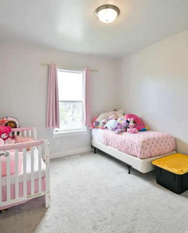 Light-filled room featuring soft gray carpeting and a large window