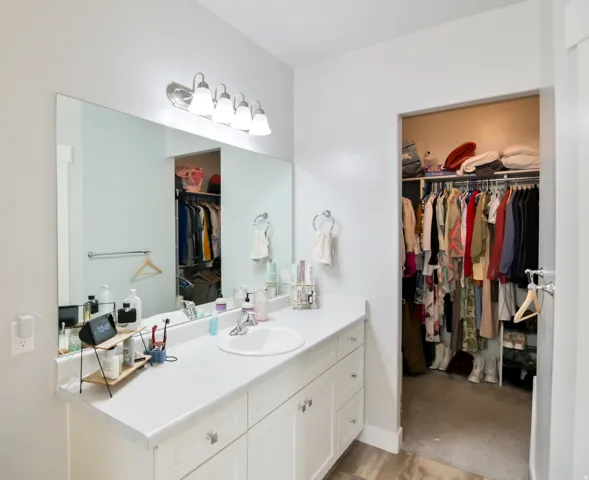 Bathroom vanity featuring a single basin, white cabinetry with silver hardware, an overhead light fixture, and a large wall-mounted mirror