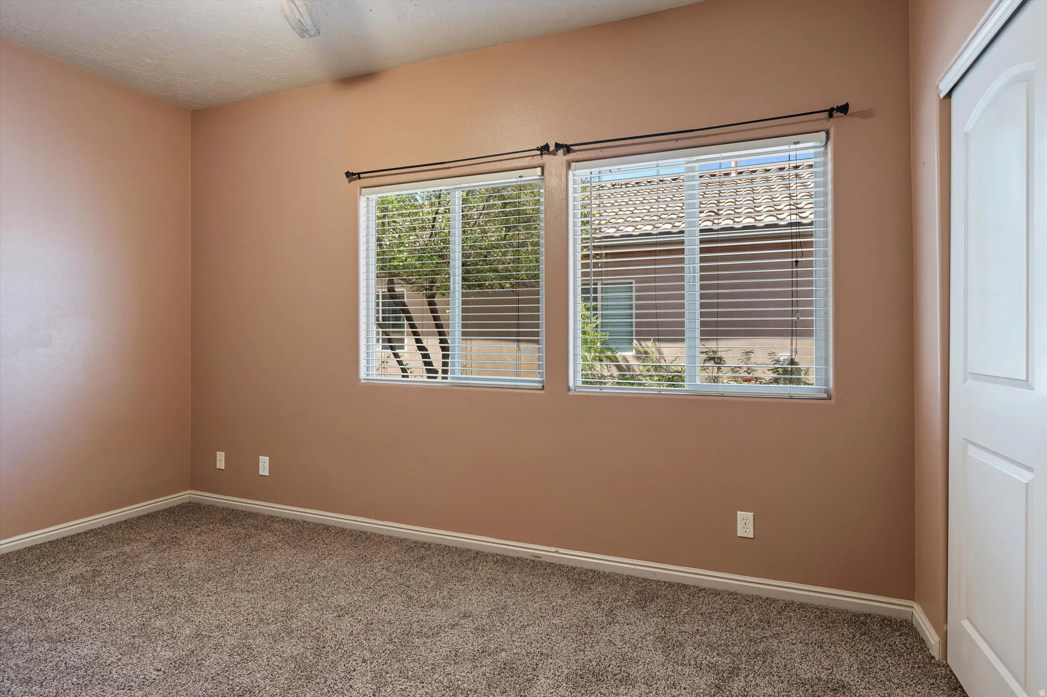 Carpeted interior room featuring two windows with horizontal blinds, a white paneled door, and a ceiling fan