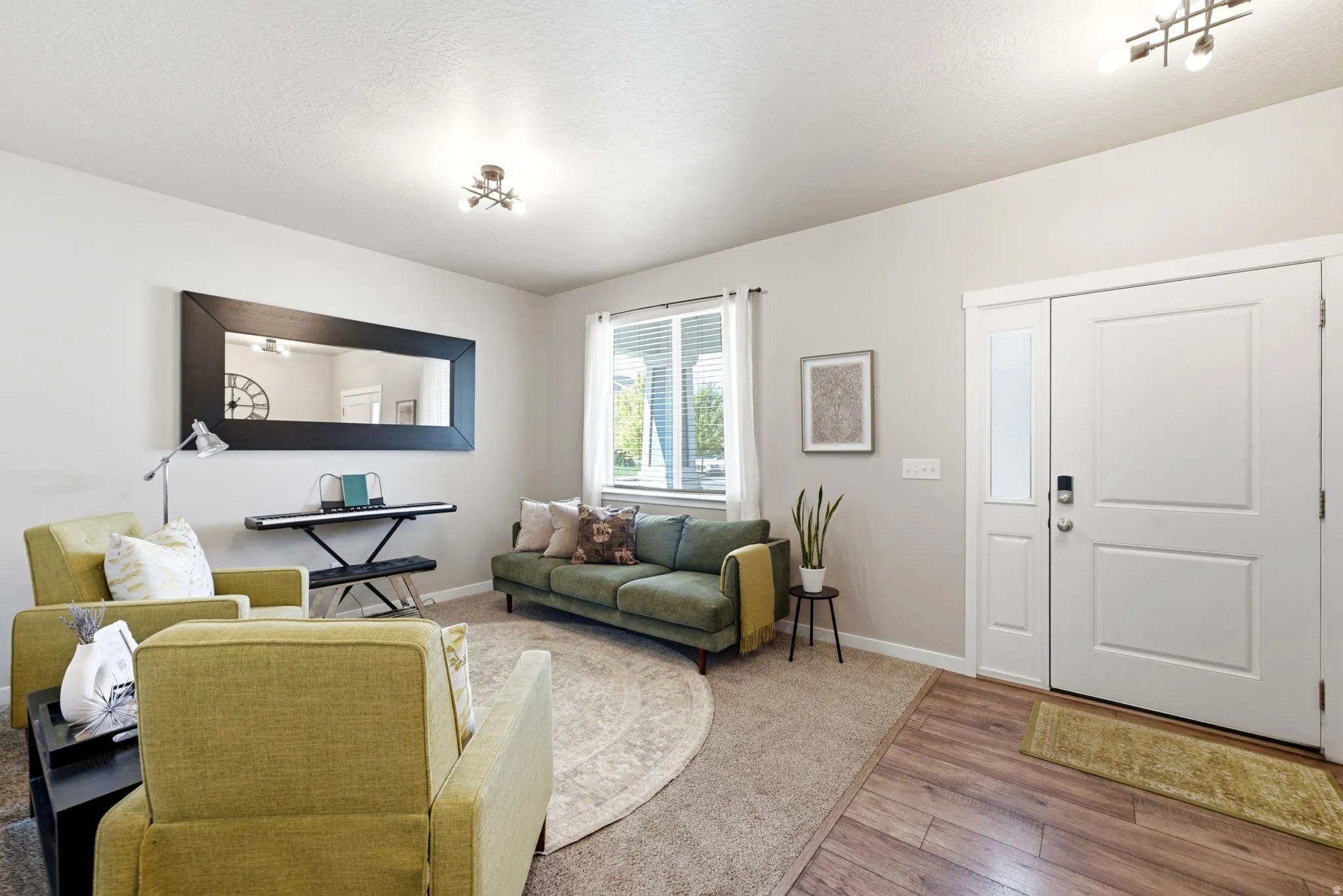 Bright entry area featuring wood-finish flooring transitioning to carpet, a modern white entry door with a frosted glass sidelight, and a large window providing natural light