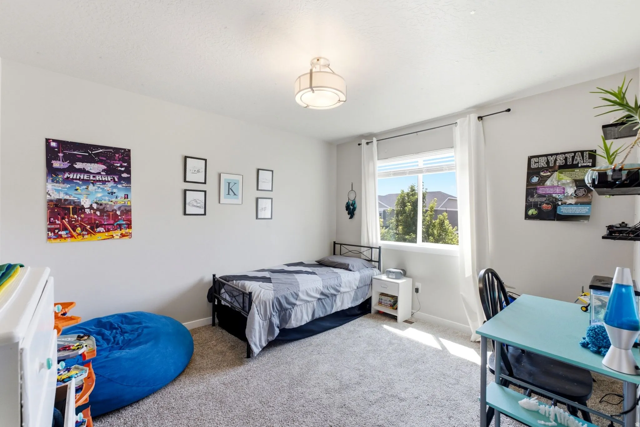 Bright interior space featuring light gray walls, plush carpeting, a large window with white blinds, and a semi-flush mount ceiling light fixture
