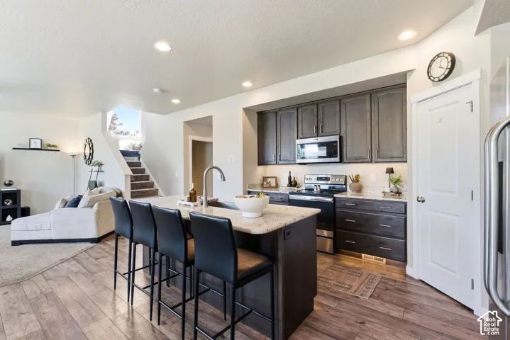 Kitchen island with integrated sink, dark wood-finish cabinetry, stainless steel appliances, wood-finish flooring, and recessed lighting