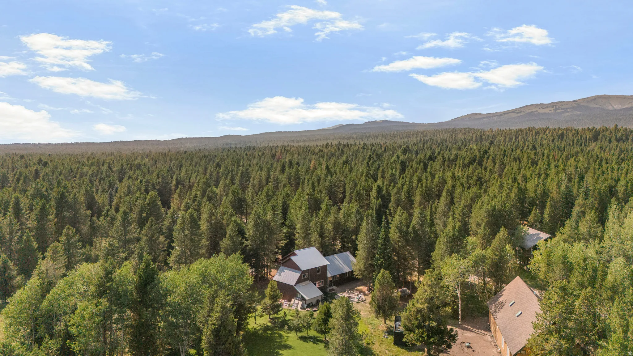 Aerial perspective showcasing a property with multiple structures set within a dense forest