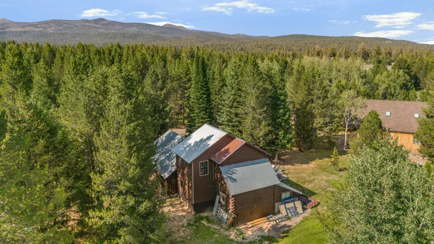 Wood-sided residence featuring a metal roof, surrounded by mature evergreen and deciduous trees, with distant mountains providing a natural backdrop