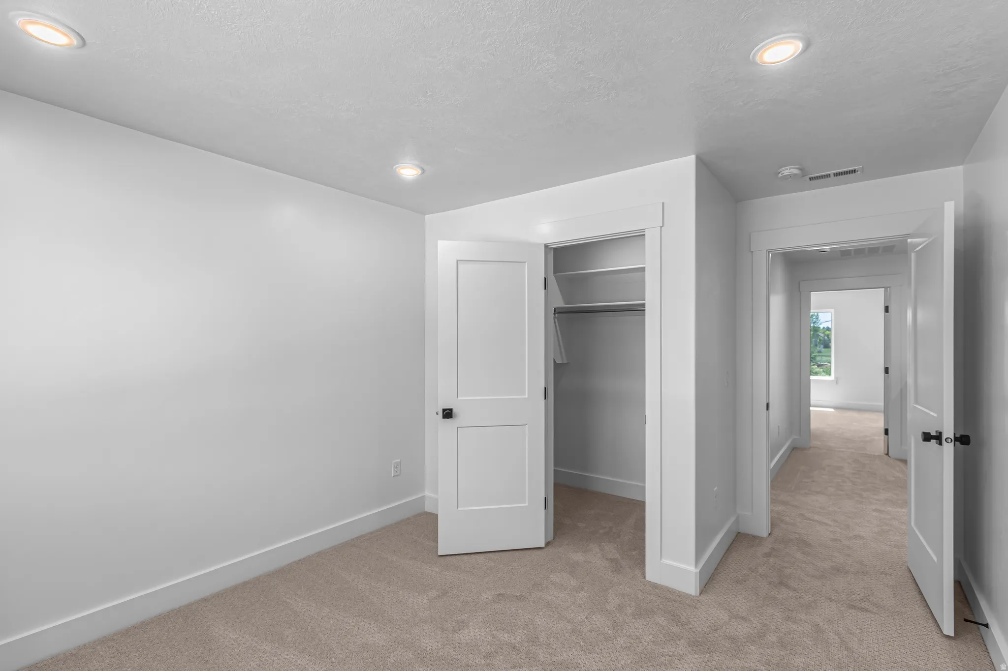 Neutral-toned room featuring light-colored carpeting and white walls