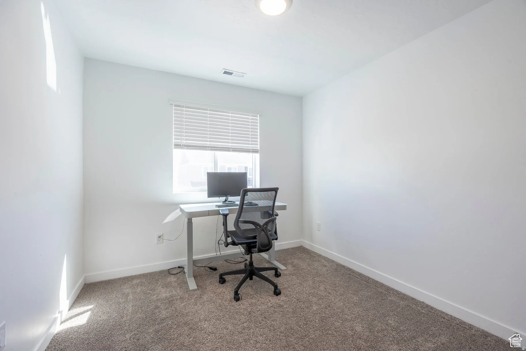 Bright room featuring a window with blinds, neutral carpet flooring, white walls, and a ceiling-mounted light fixture
