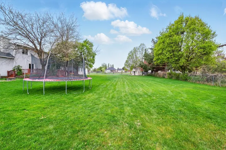 Expansive backyard featuring a lush green lawn, mature trees, and a distant storage shed
